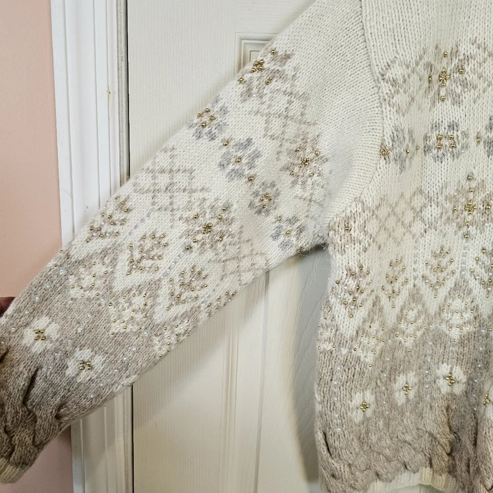 Marisa Christina Vintage Fair Isle Beaded Cable Knit Chunky Button Down Cardigan